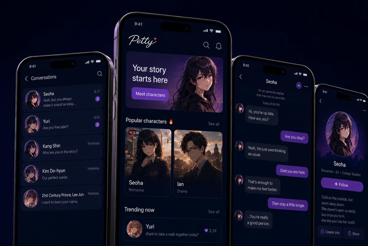 Preview of Petty character discovery, conversations and profiles