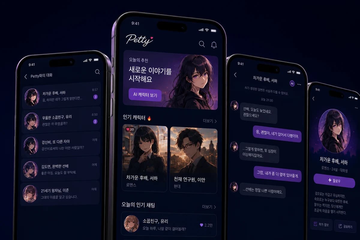 Petty 앱의 캐릭터 탐색, 대화, 프로필 화면 미리보기